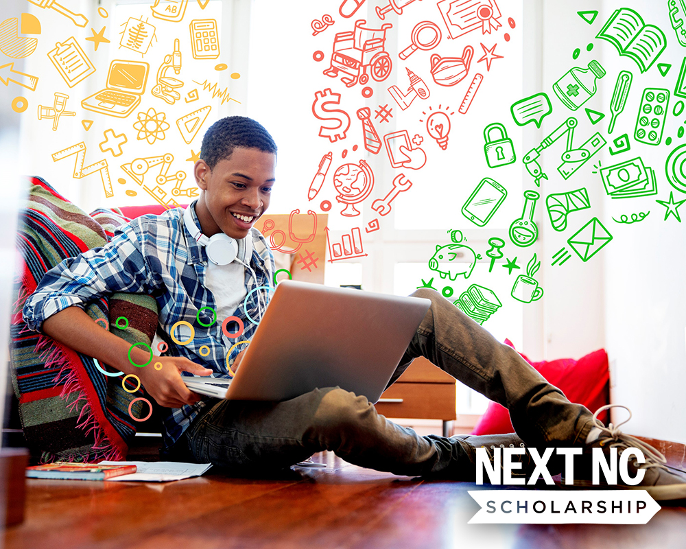 Photo of a young Black college student smiling while looking at his laptop. Image is overlaid with yellow, red, and green hand-drawn graphics showing college-related imagery.