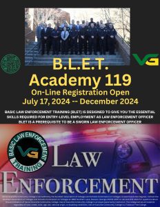 Basic Law Enforcement Training Academy 119 Flyer showing an image of last years Cadets. Important information is explained on the Website.