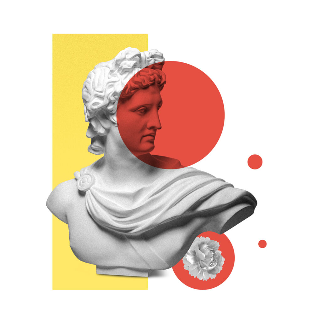 Modern conceptual art poster with classical bust sculpture and colorful graphic shapes.
