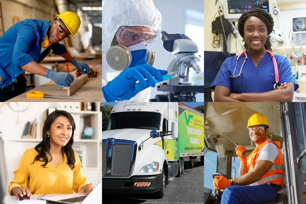 Collage of stock photos depicting diverse adults in a variety of professional roles