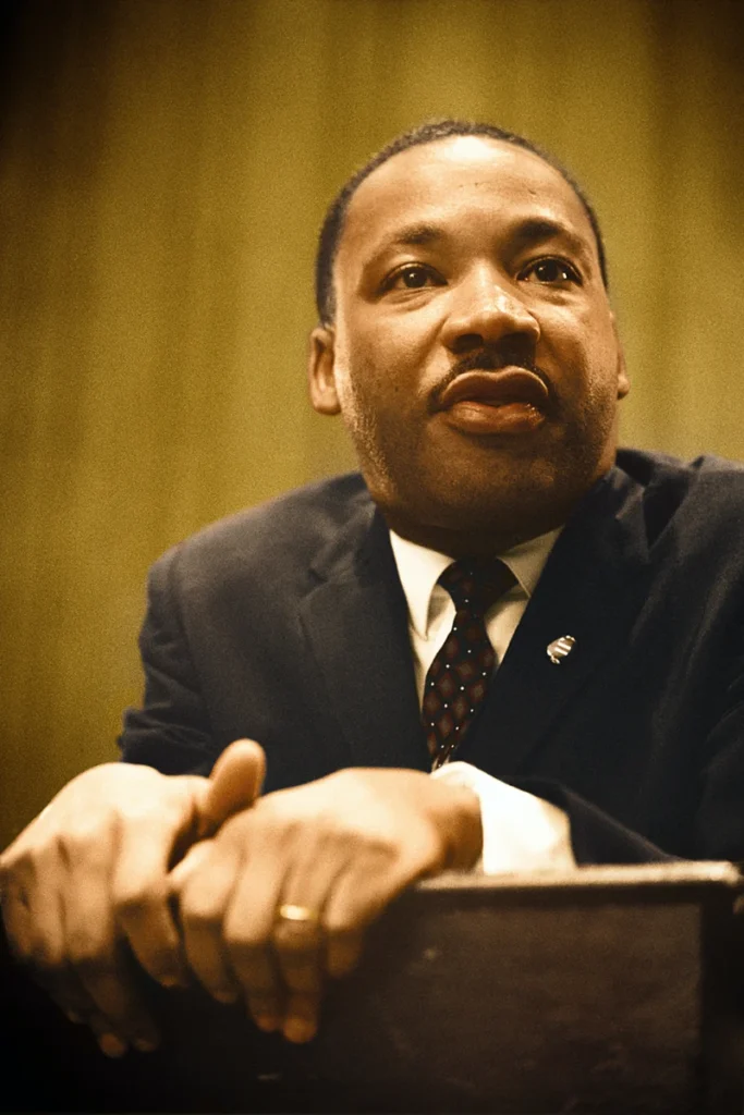 Colorized photo of Dr. Martin Luther King Jr. leaning over a lectern while giving a speech